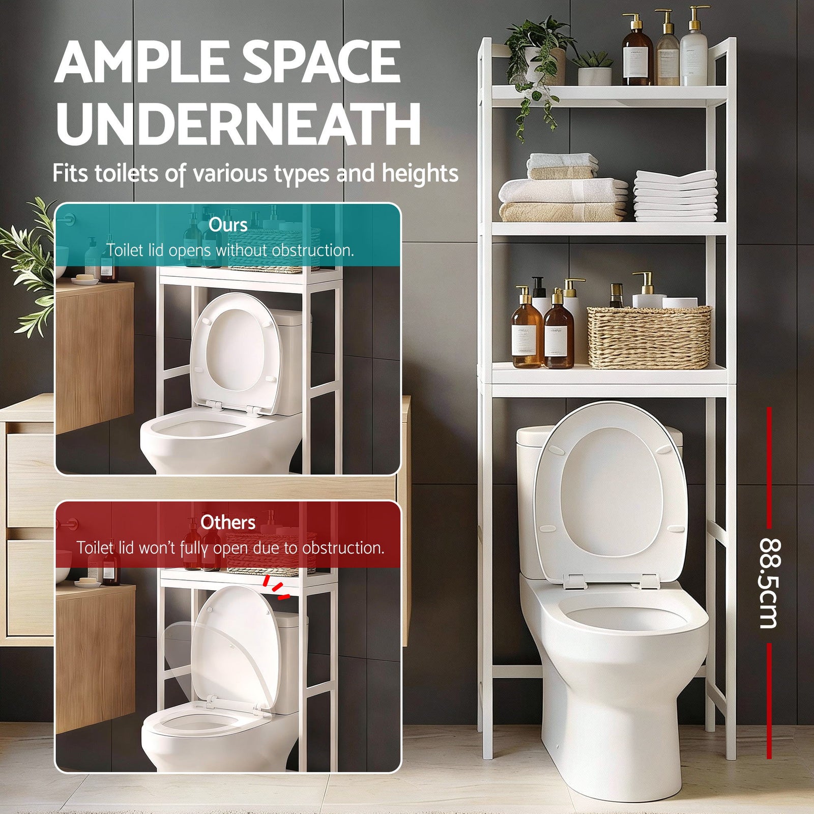 Artiss Over Toilet Storage Bathroom Rack Space Saving 3 Tier Organiser White