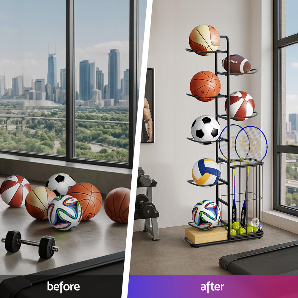 Everfit Ball Storage Rack Sports Equipment Organizer 7-Tier with Basket for Garage Gym Black