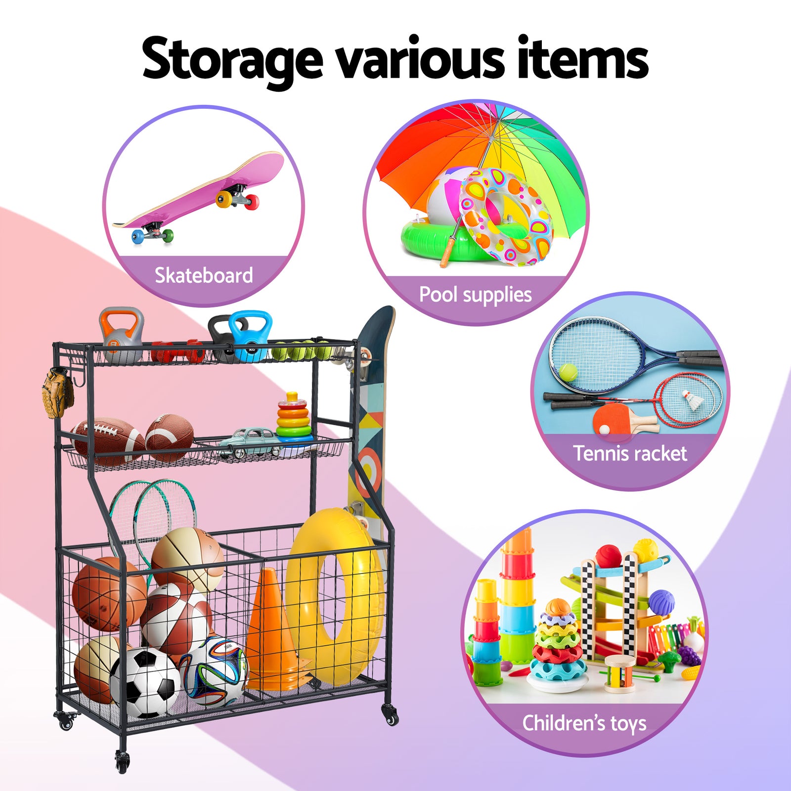 Everfit Sports Equipment Organizer Storage with Wheels Multi-Sport Garage Gym Black