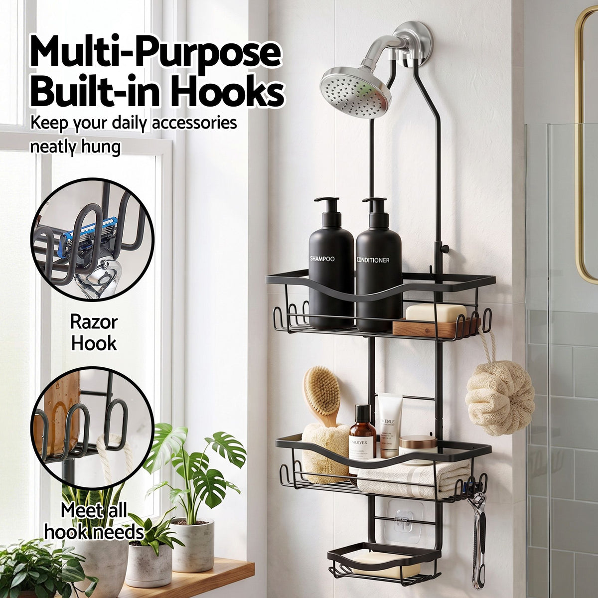 Artiss Shower Caddy Hanging Bathroom Organiser Over Head Black
