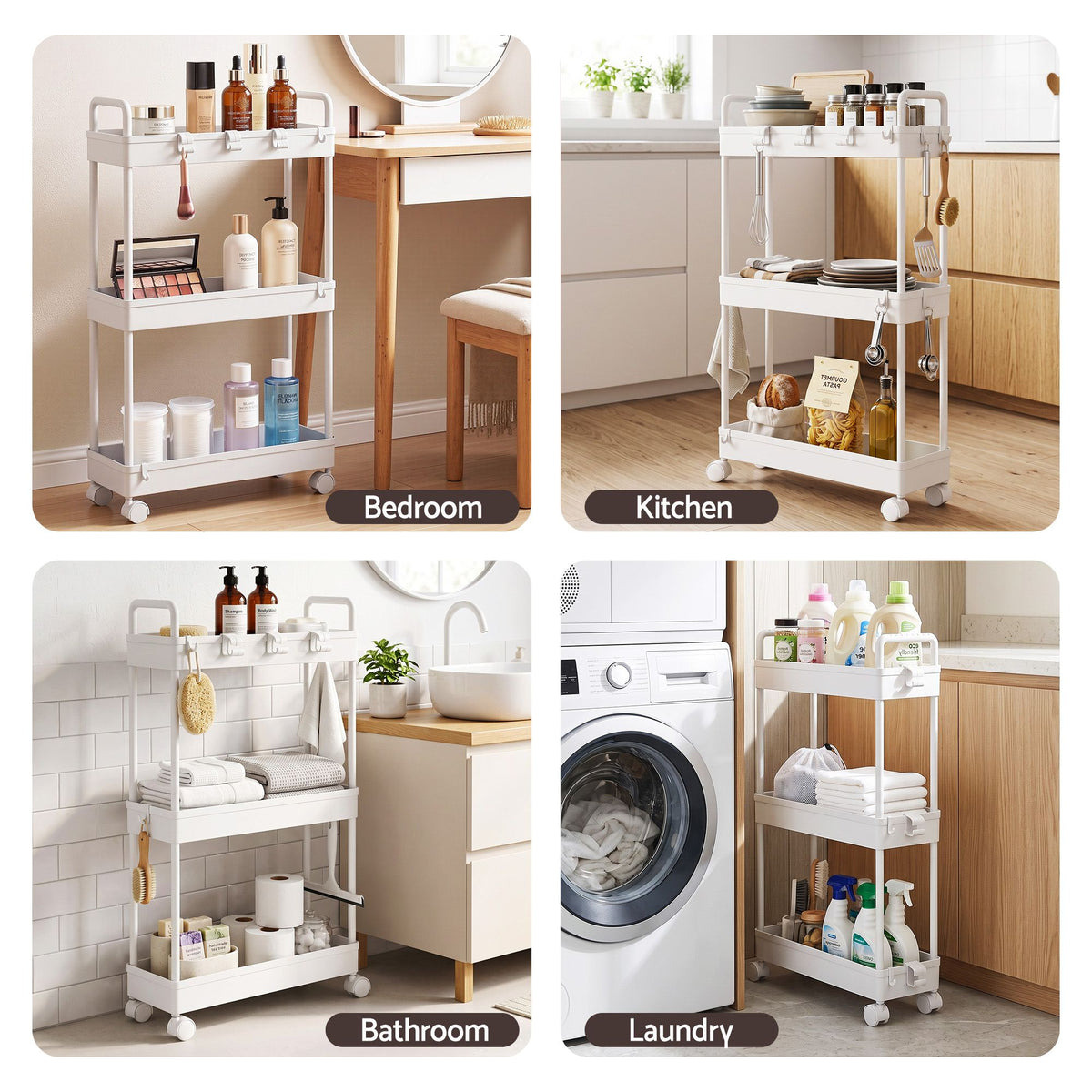 Artiss 3 Tier Slim Storage Trolley Narrow Utility Organiser Rack White
