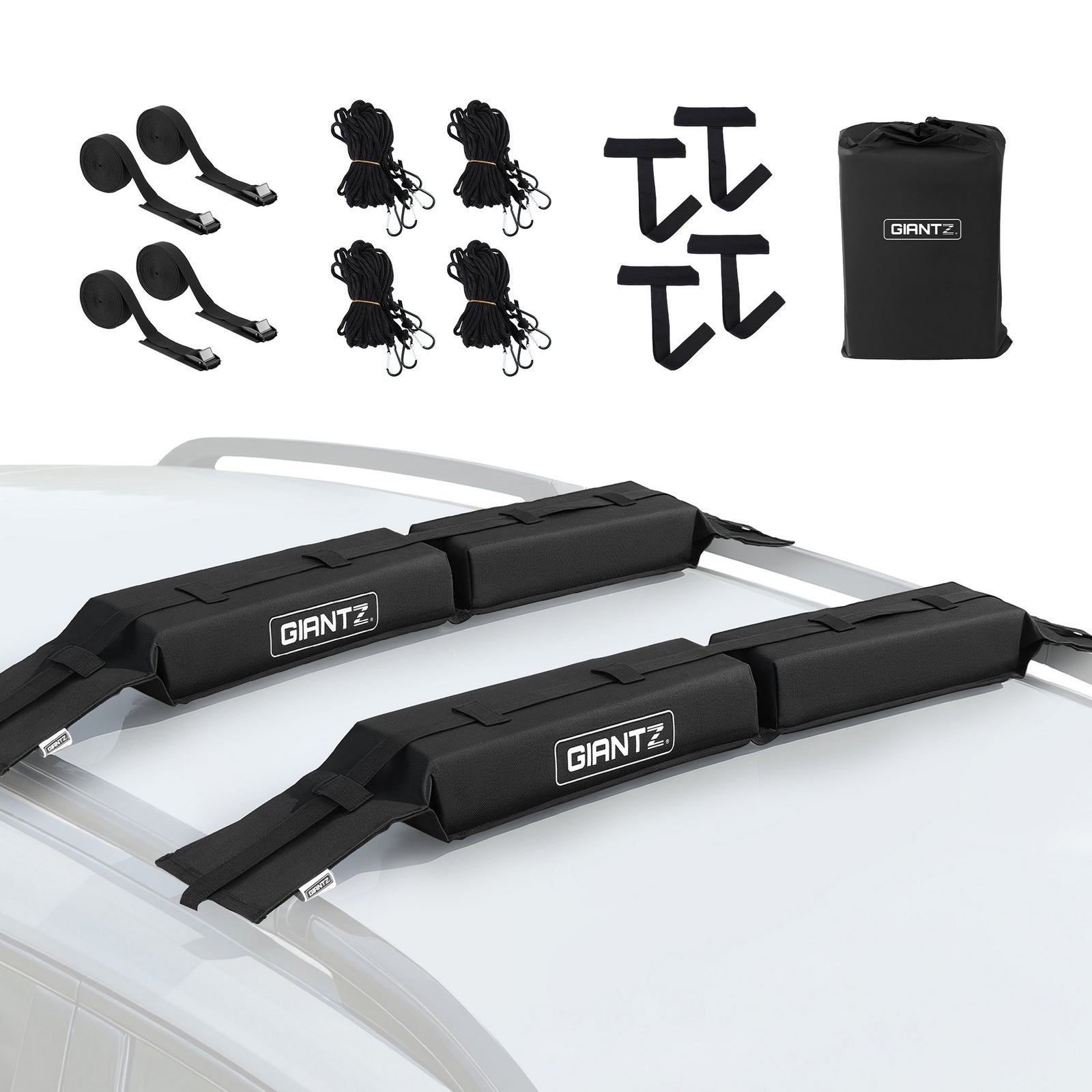 GIANTZ Kayak Roof Rack for Car, Universal Soft Roof Rack Pads for Surfboard SUP Canoe, Roof Bars for SUV Sedan without Side Rails, Portable Cross Bars with 4.5m Tie Down Straps & Ropes, 80kg Capacity
