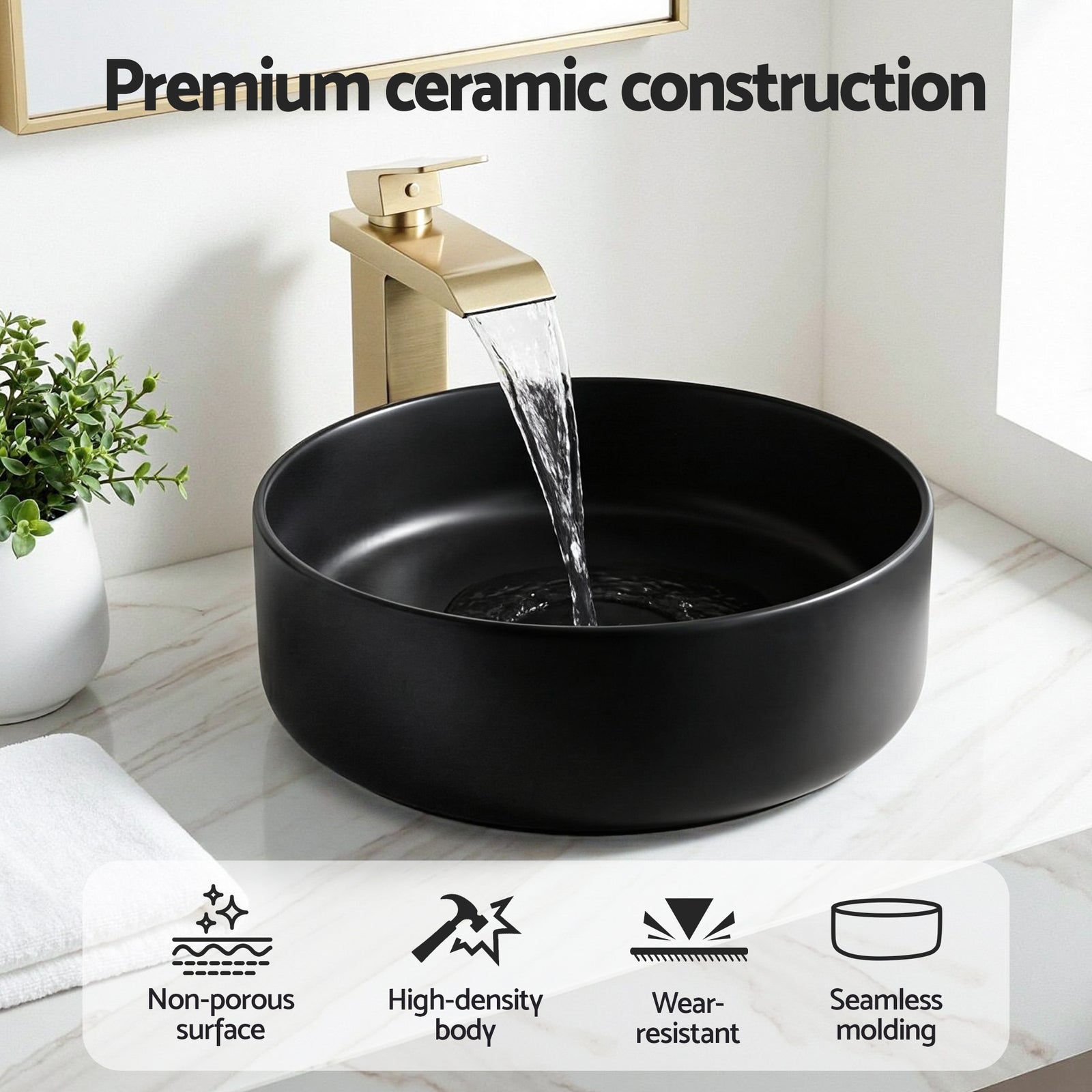 Cefito Bathroom Basin Ceramic Vanity Sink Vessel Bowl Wash Matte Black Round Countertop