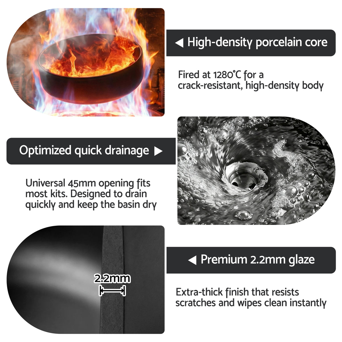 Cefito Bathroom Basin Ceramic Vanity Sink Vessel Bowl Wash Matte Black Round Countertop