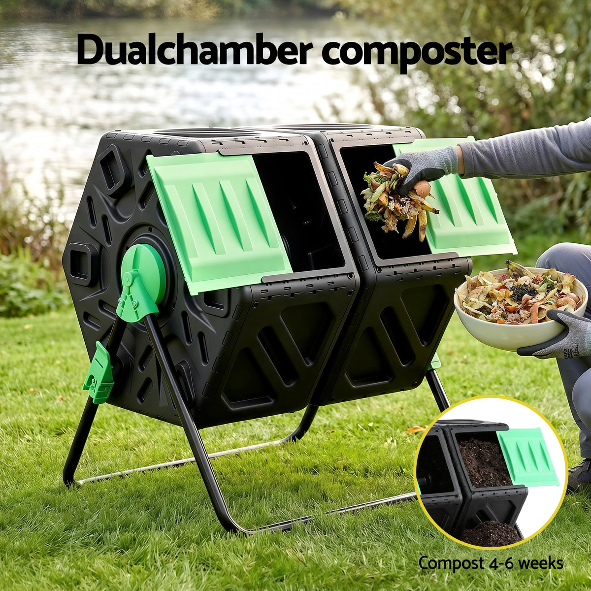 Gardeon Compost Bin Dual-Chamber 130L Composter Tumbler Rotating Garden Recycle Food Waste