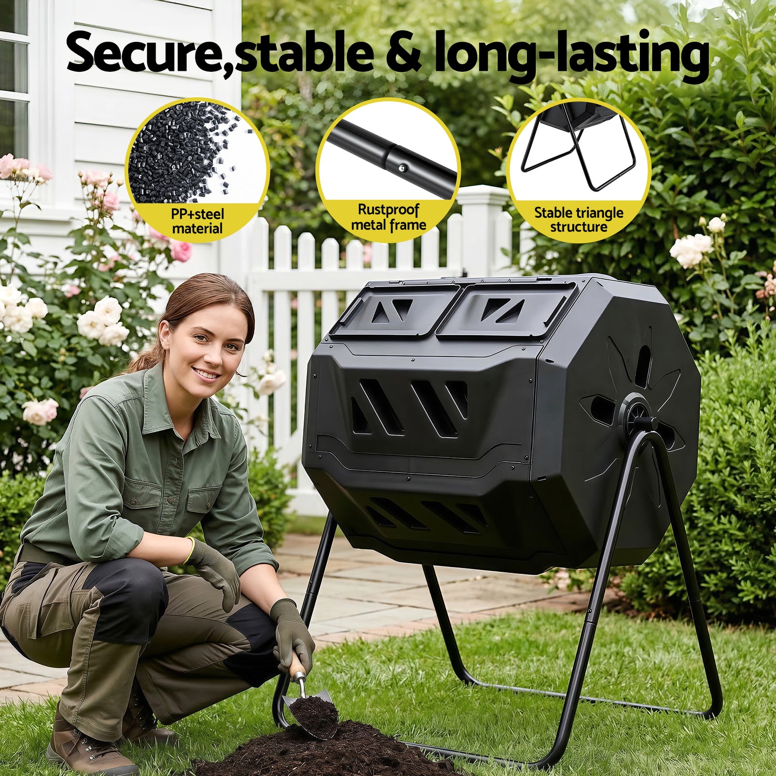 Gardeon Compost Bin Dual-Chamber 160L Composter Tumbler Rotating Garden Recycle Food Waste