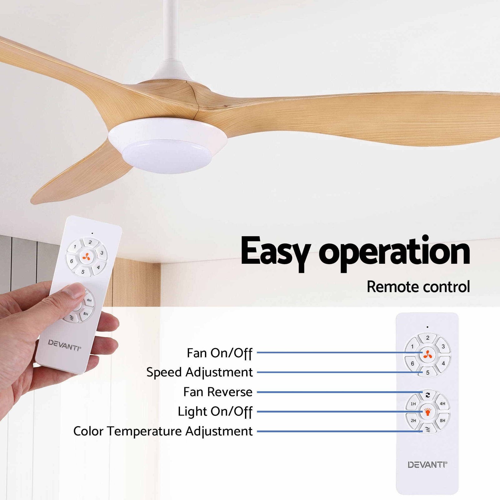 Devanti 52'' Ceiling Fan DC Motor w/Light w/Remote - Wood