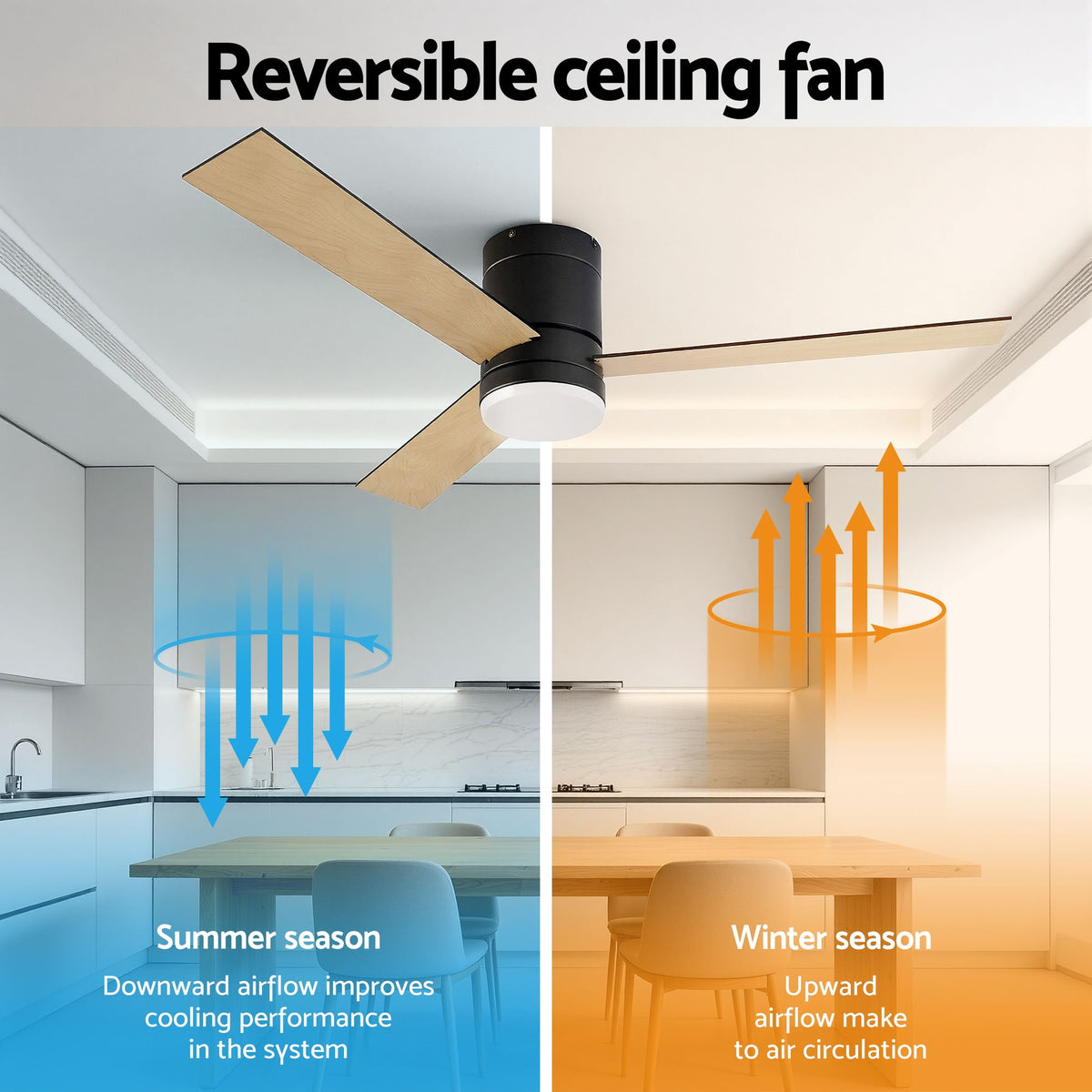 Devanti 52'' Ceiling Fan 3 Blades Double-sided DC Motor w/Light w/Remote Light Wood and bLack