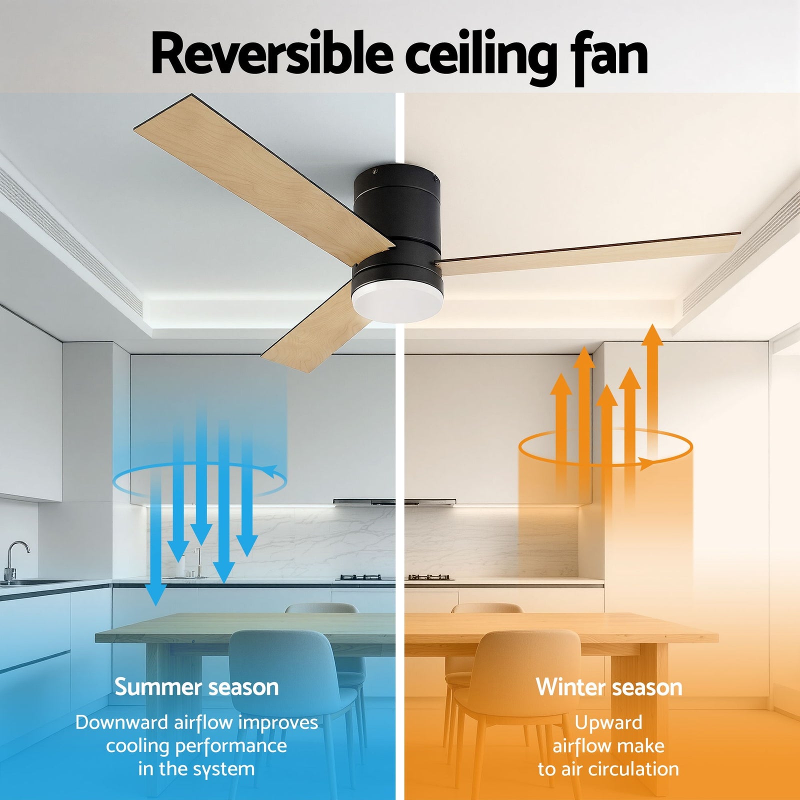 Devanti 52'' Ceiling Fan 3 Blades Double-sided DC Motor w/Light w/Remote Light Wood and bLack