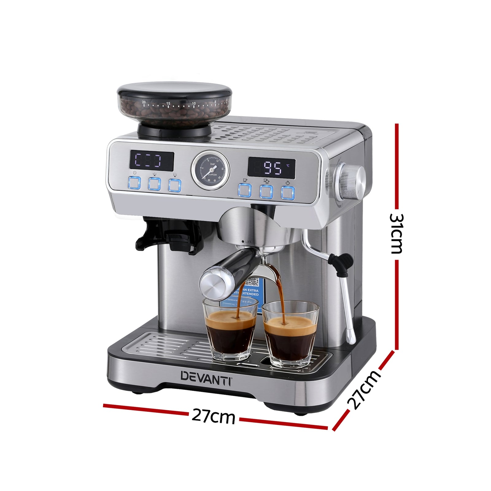 Devanti Coffee Machine Espresso Latte Maker with Grinder Milk Frother Steam Wand