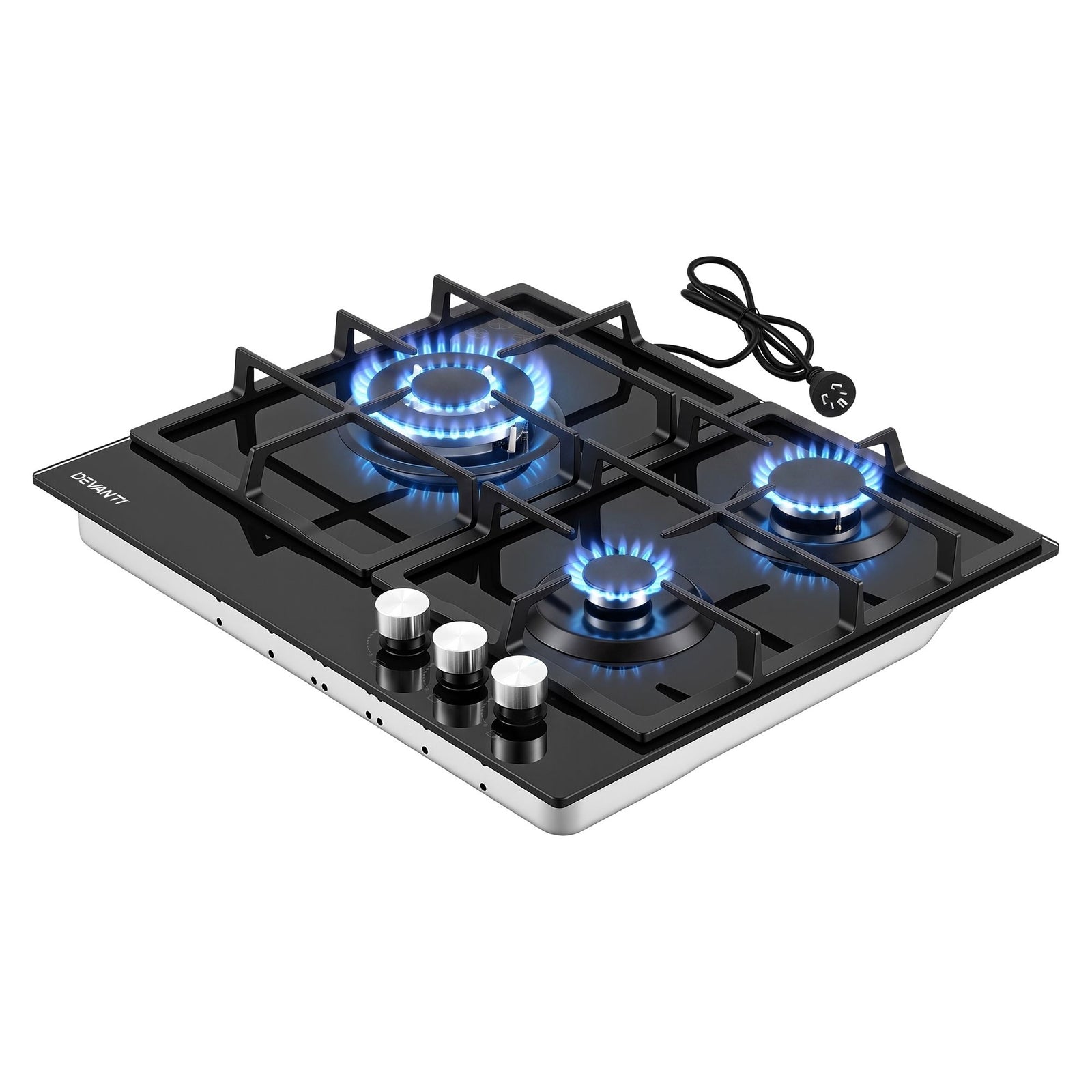 Devanti 59cm Gas Cooktop 3 Burner Knob Control Glass Hob Cast Iron Black