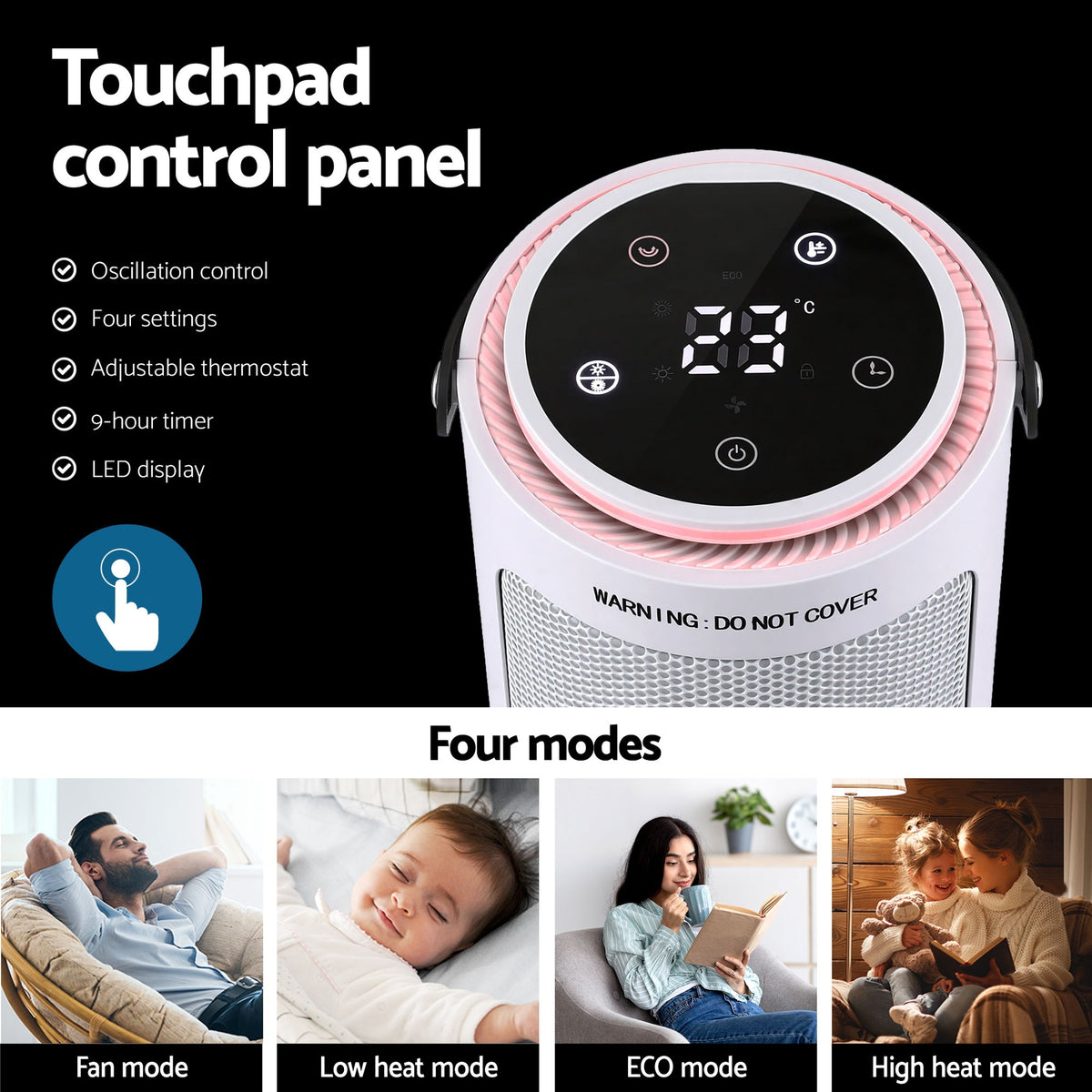 Devanti 2000W Ceramic Tower Heater Space Heaters Oscillating Indoor White