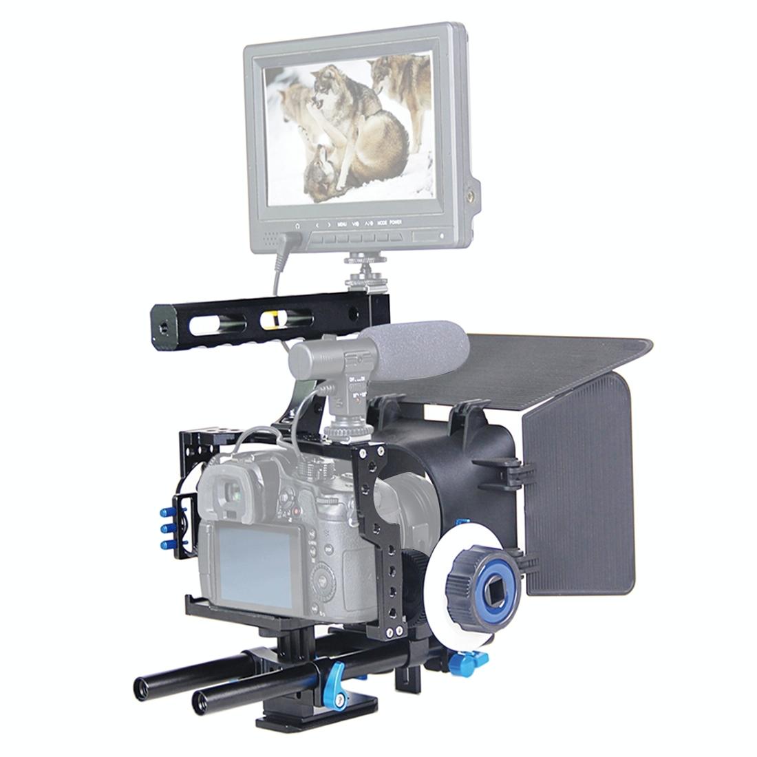 Video Camera Cage Stabilizer Kit With Matte Box & Follow Focus For Panasonic Lumix Dmc-Gh4 & G7 / Sony A7 Series-1915198256569257984