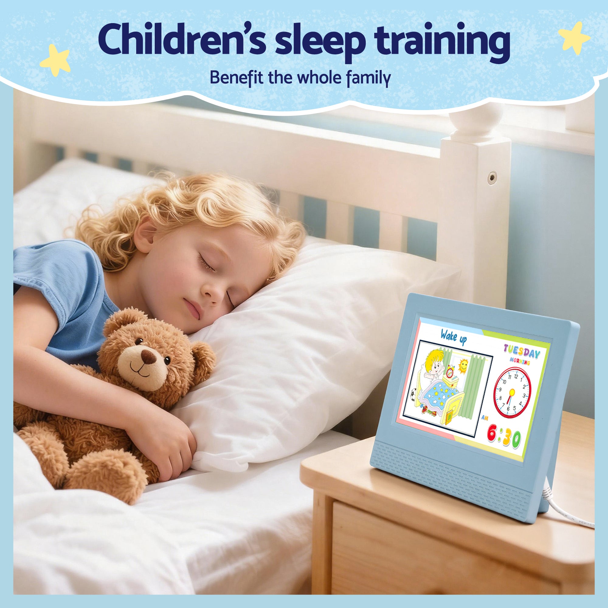 Artiss 7" Digital Day Clock Calendar Alarm LCD Children Sleep Trainer Clocks Blue