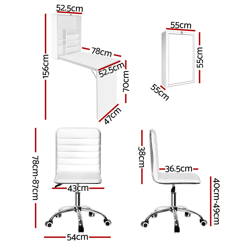 Artiss Computer Desk Office Chair Set PU Leather Wall Mount Foldable Table White