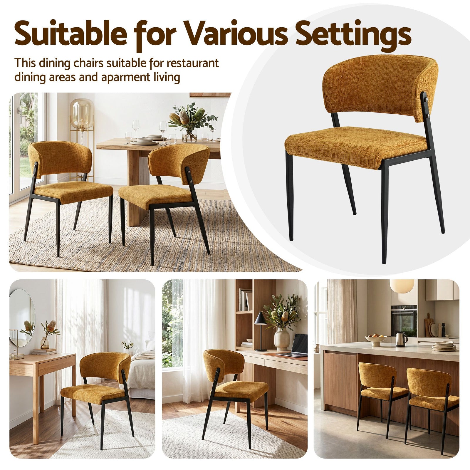 Artiss Dining Chairs Set of 2 Linen Fabric Soft Upholstered Chairs Mustard