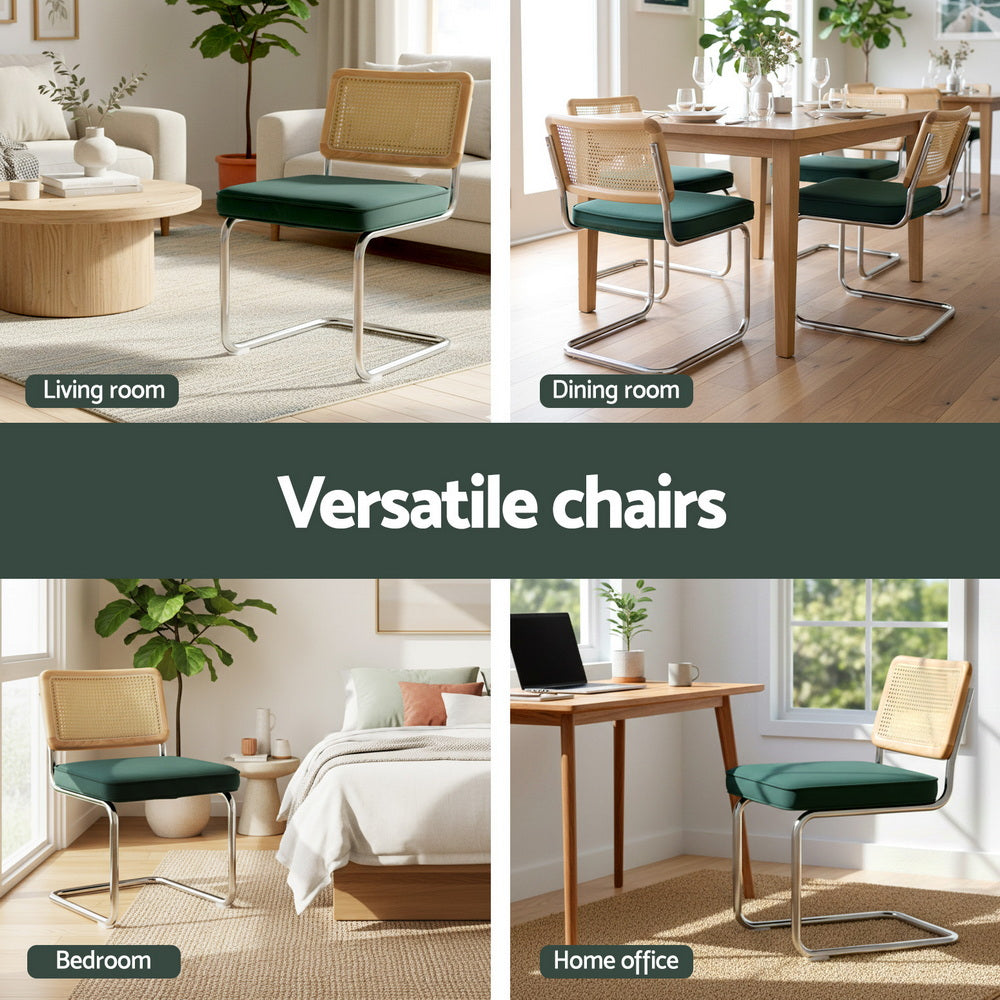 Artiss Dining Chairs Set of 4 Velvet Rattan Cantilever Green