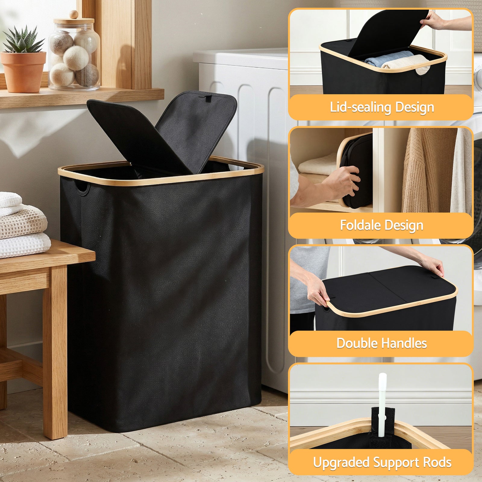 Artiss 2 Sections Laundry Basket with Removable Bags Foldable Black