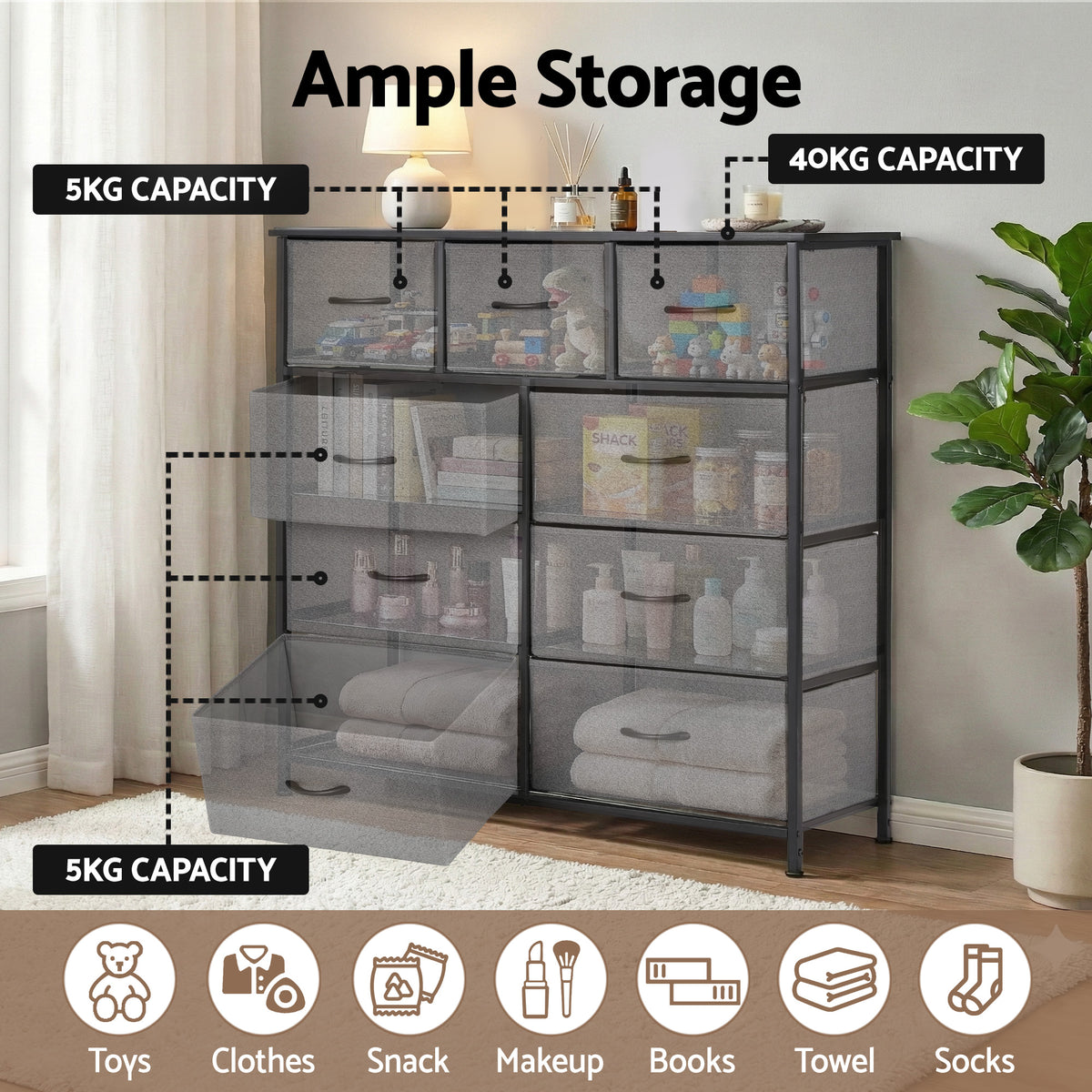 Artiss Chest of 9 Drawers Storage Dresser Tallboy Dark Grey