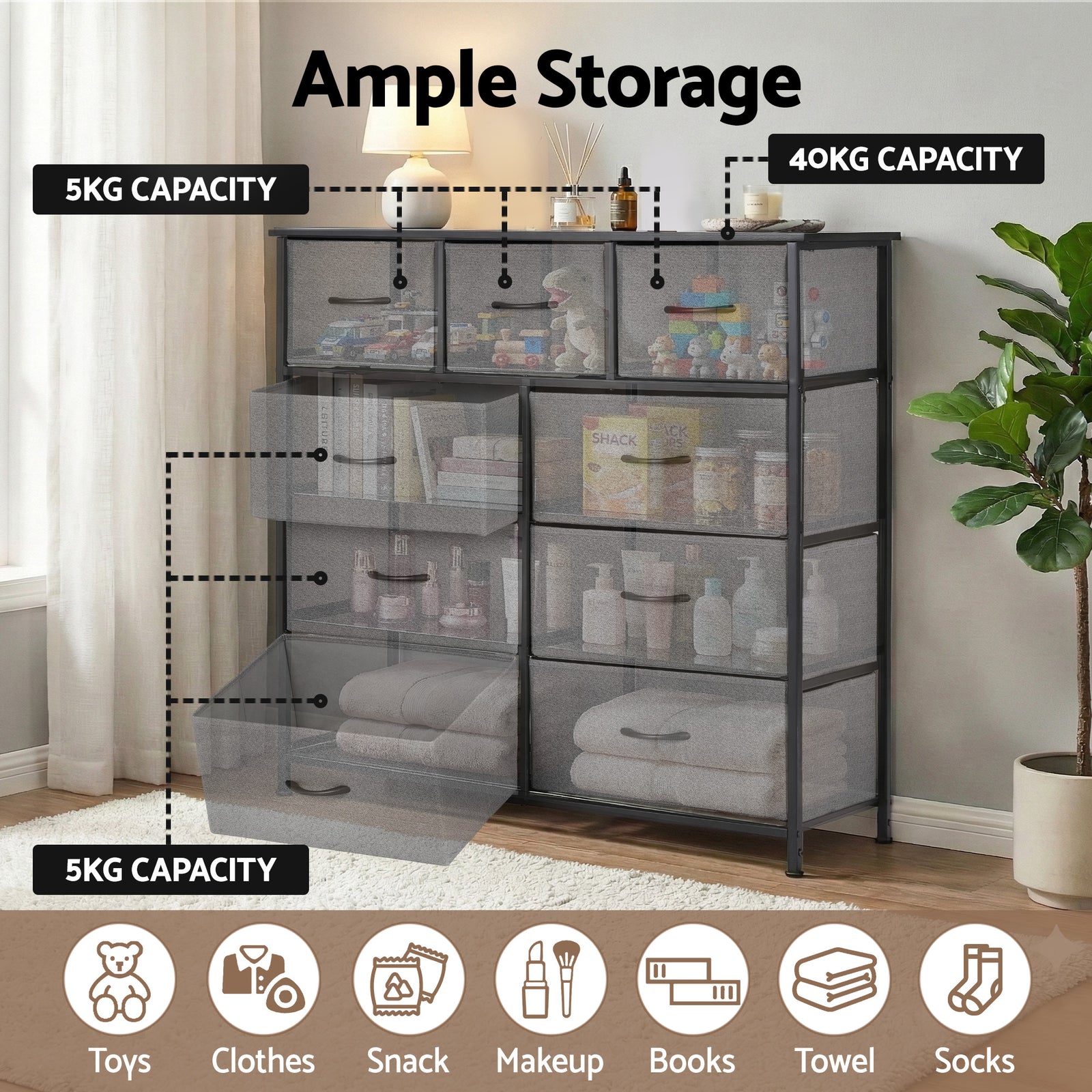 Artiss Chest of 9 Drawers Storage Dresser Tallboy Dark Grey