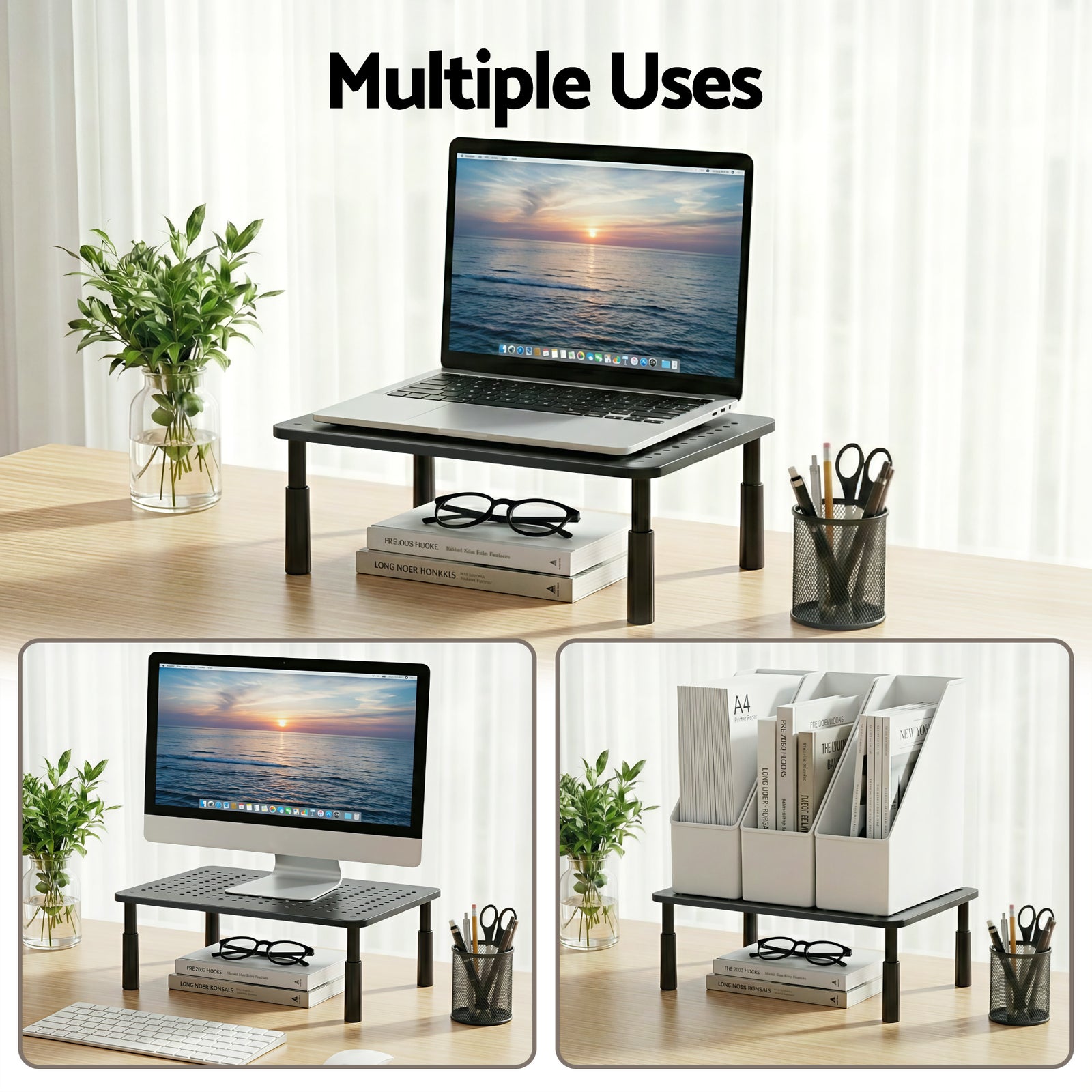 Artiss Monitor Stand Adjustable Riser For Computer Monitor And Laptop 3 Height Desk Organizer Black