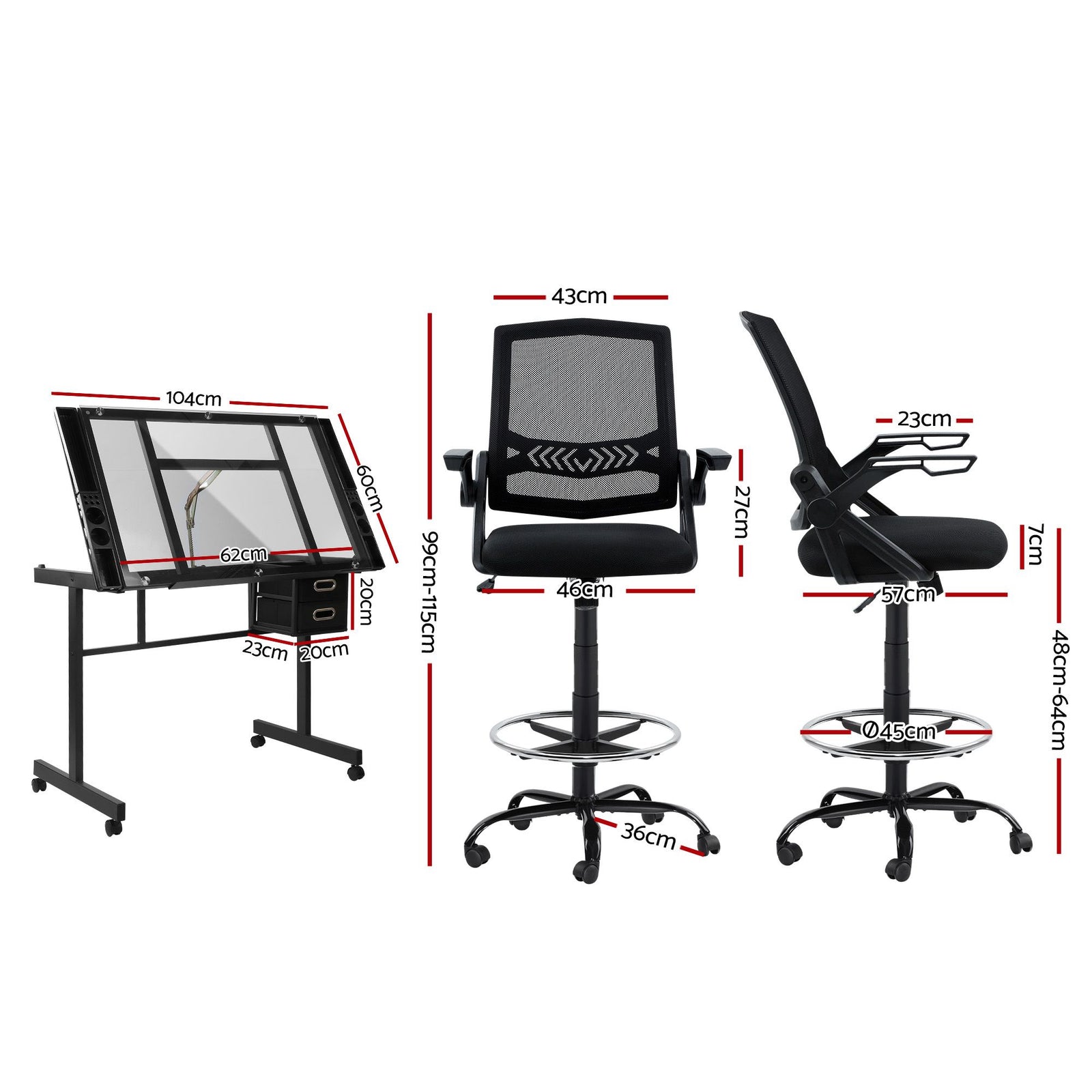 Artiss Drawing Table with Ergonomic Office Chair, Drafting Tables with Tempered Glass Desktop, Removable Drawers, Drafting Stool with Height Adjustable for Artwork Painting Studio