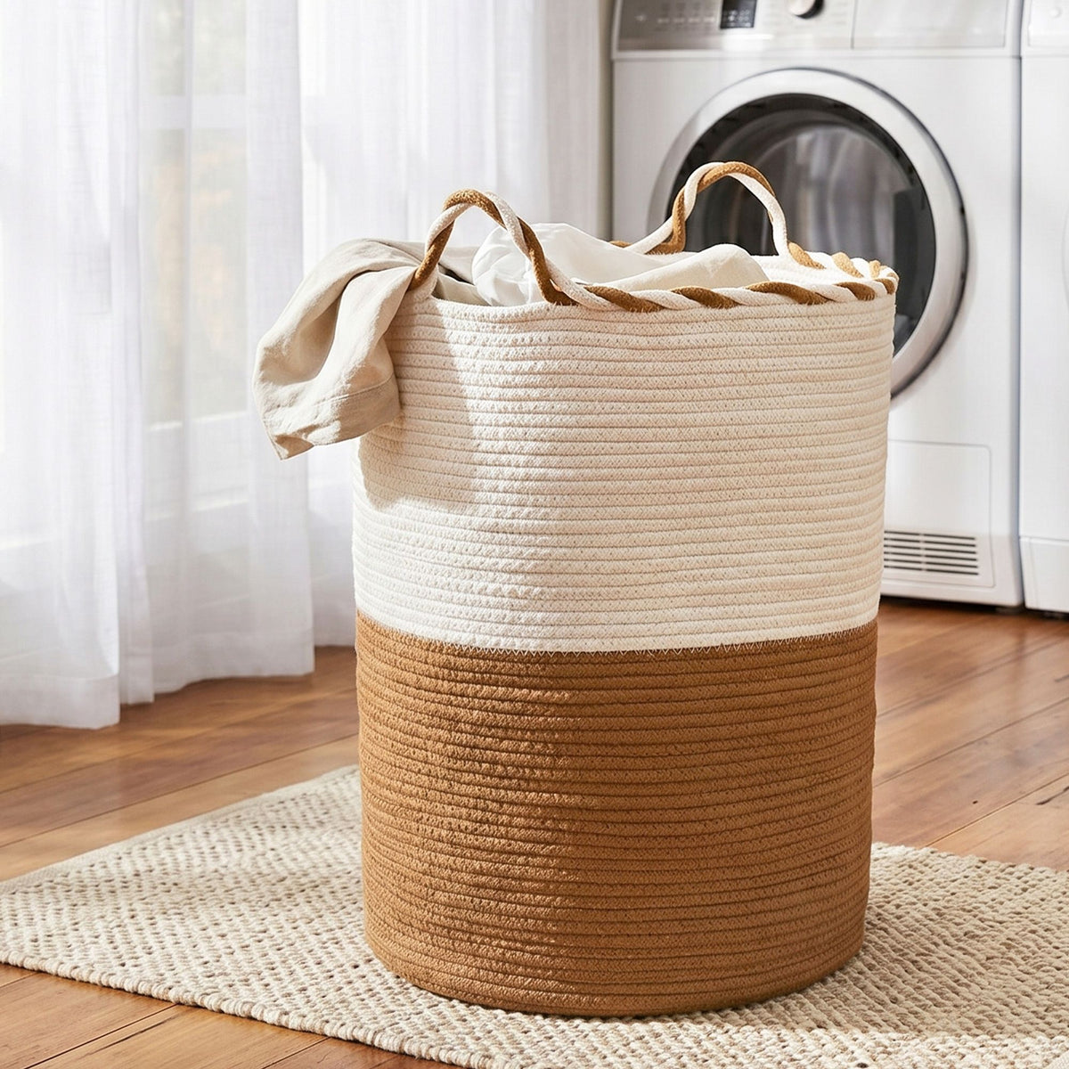 Artiss Woven Laundry Basket with handles Foldable White &amp; Brown