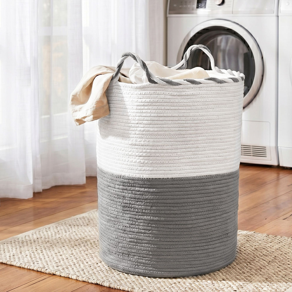 Artiss Woven Laundry Basket with handles Foldable White &amp; Grey