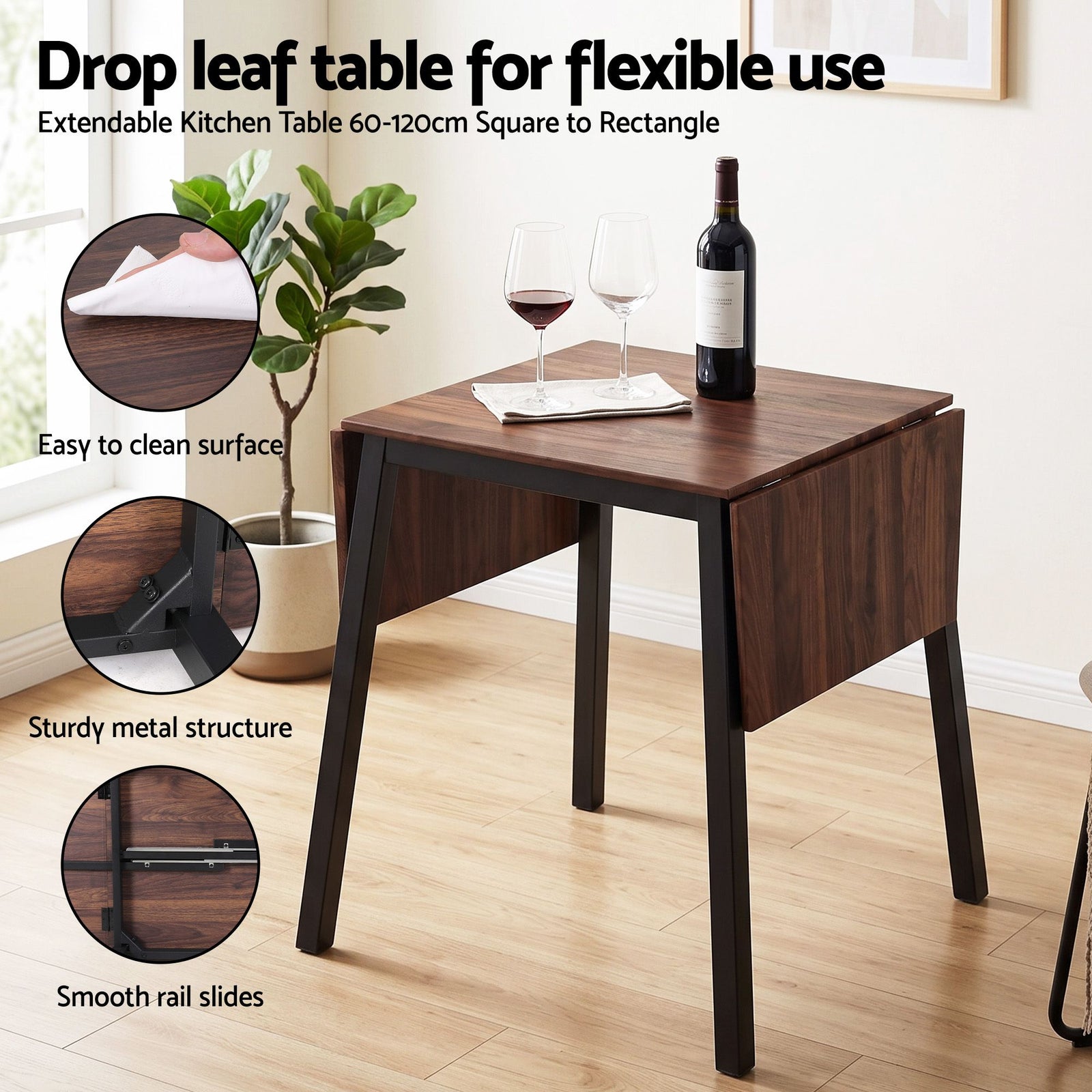 Artiss Dining Table and Chairs Set 5pcs with Extendable 60-120cm Drop-Leaf Table Brown