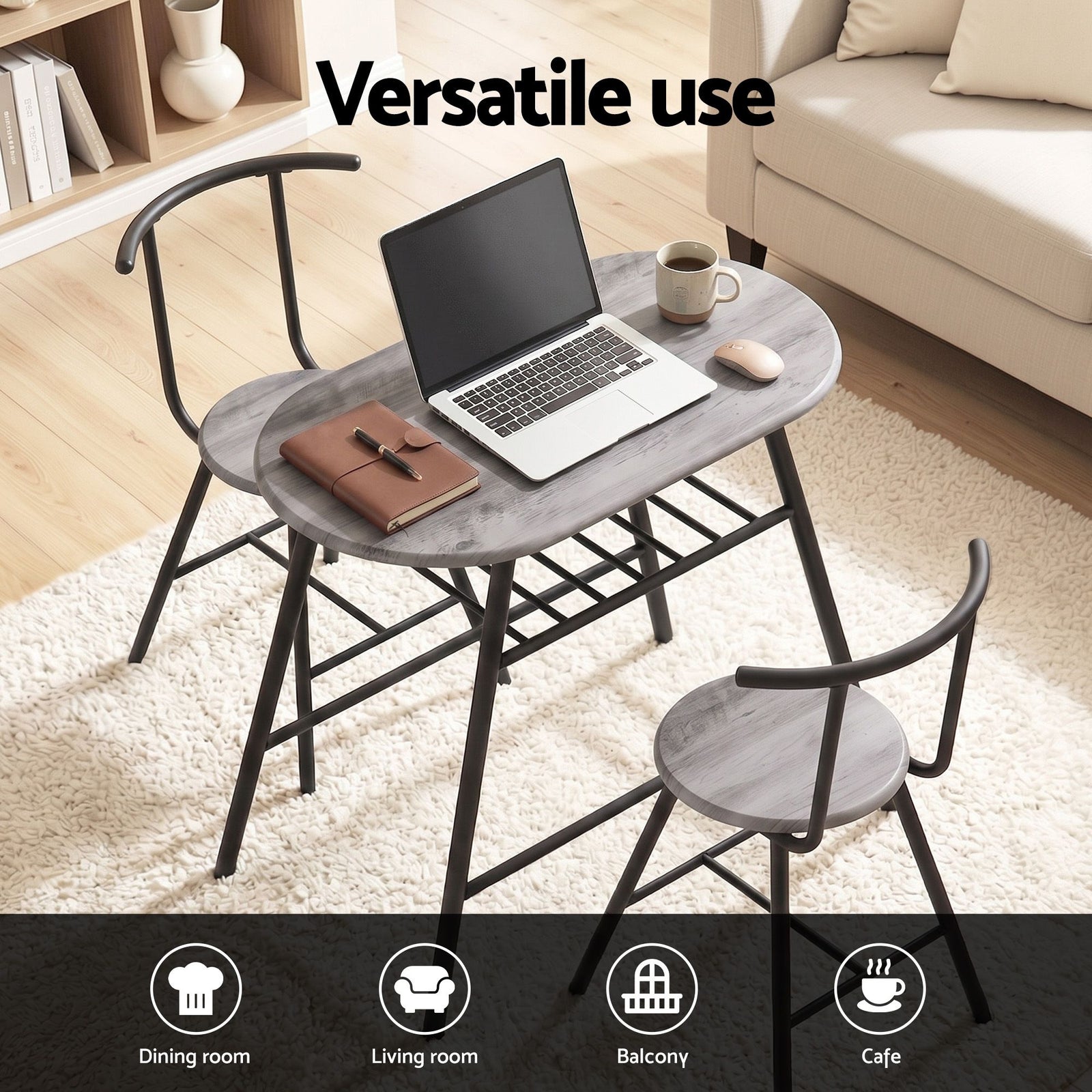 Artiss Oval Dining Table Set 3PC Space-Saving Bistro Kitchen Storage Wine Rack Grey