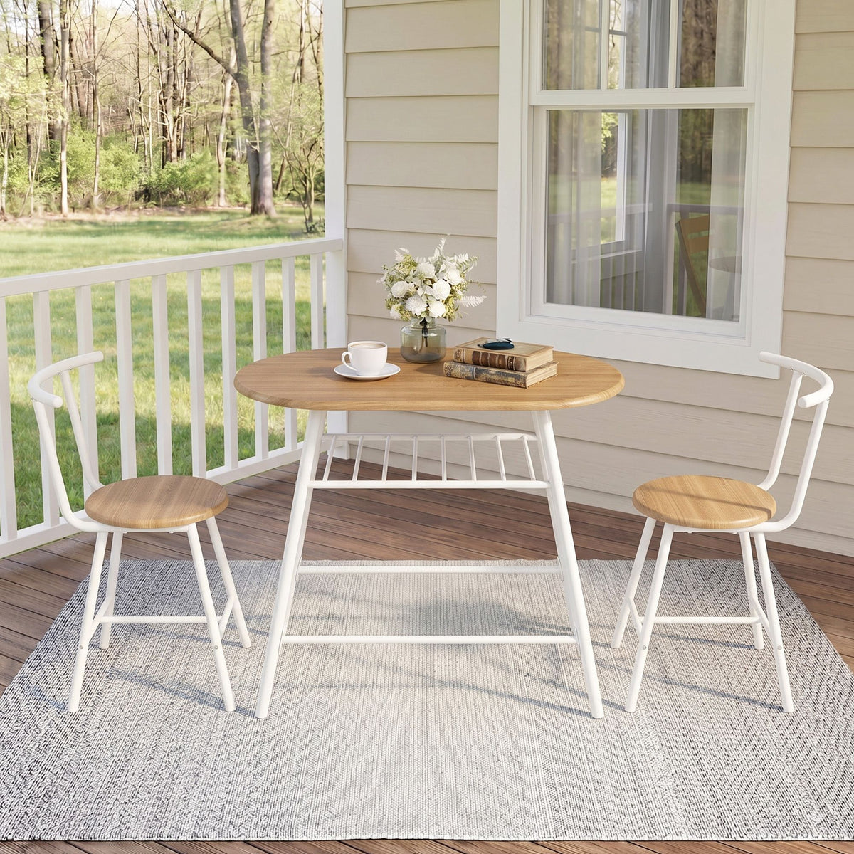 Artiss Oval Dining Table Set 3PC Space-Saving Bistro Kitchen Storage Wine Rack Natural White