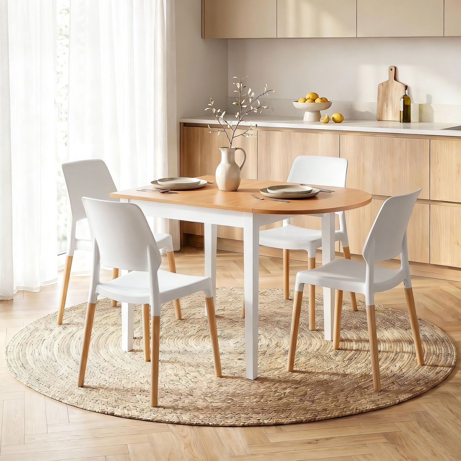 Artiss Dining Table and Chairs Set 5PCS, 75-110cm Drop-Leaf Table, with 4 Dining Chairs White Wooden, 4 Seater Dining Table Set for Kitchen, Apartment, Café