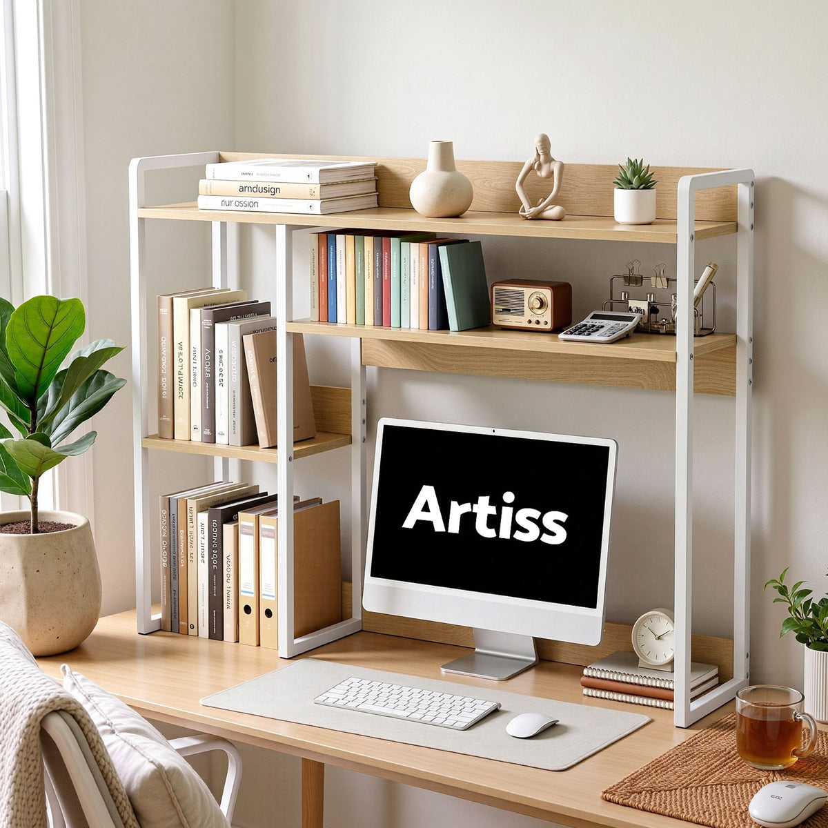 Artist Desk Organizer 2-Tier Desk Shelf 24cm Depth for Unblocked Monitor View Asymmetrical Desk Hutch Dorm for WFH &amp; Gaming Heavy-Duty