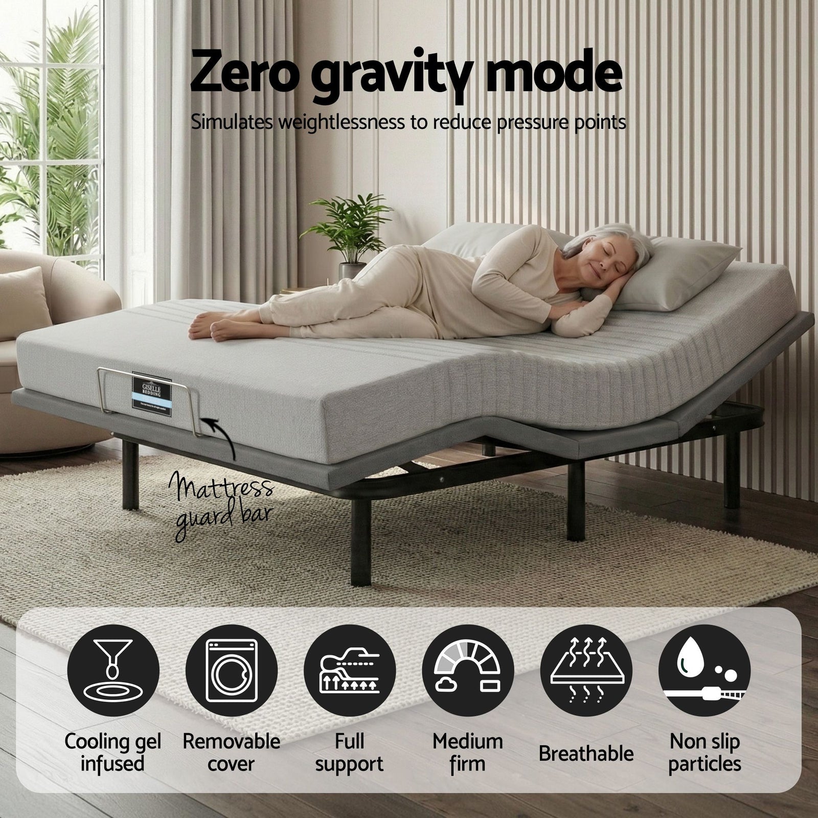 Artiss Queen Bed Frame and Giselle Bedding Queen Memory Foam Mattress Set, Electric Bed Base with Zero Gravity & 7 Zone Cooling Comfort for Back Pain Relief, Black & Grey, 15cm Thickness