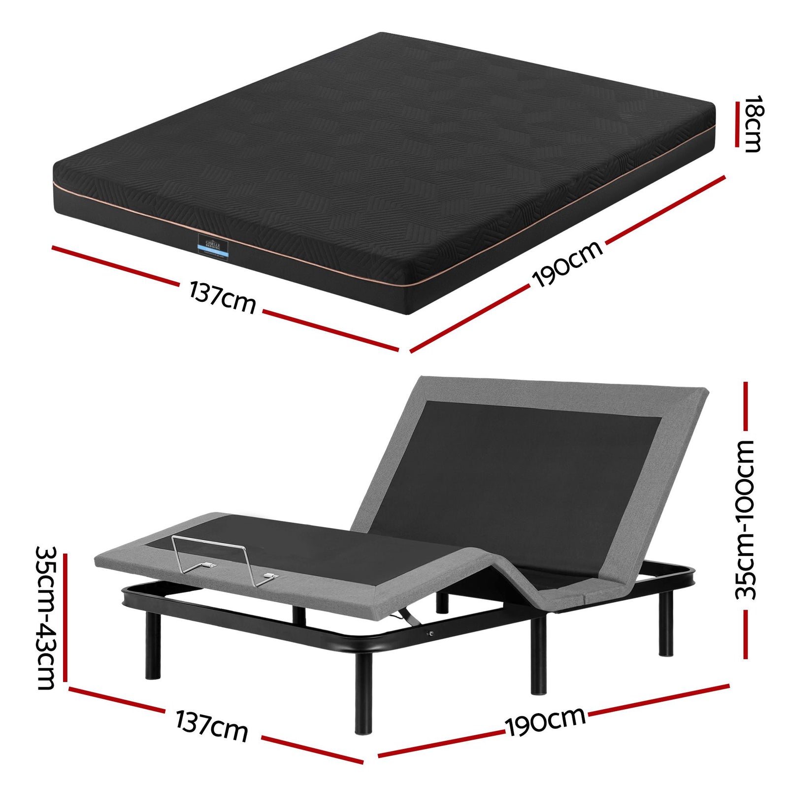 Artiss Double size bed frame with Giselle Bedding Double Mattress, adjustable bed Base Combo for Snoring Relief, Independent Head Foot Incline, Wireless Remote, Black,18cm Thickness