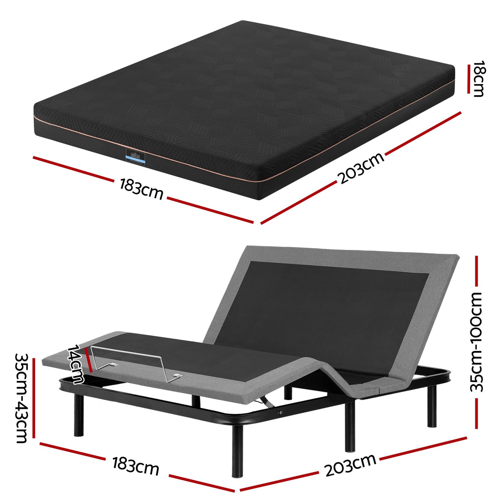 Artiss King size bed frame with Giselle Bedding King Mattress, adjustable bed Base Combo for Snoring Relief, Independent Head Foot Incline, Wireless Remote, Black,18cm Thickness