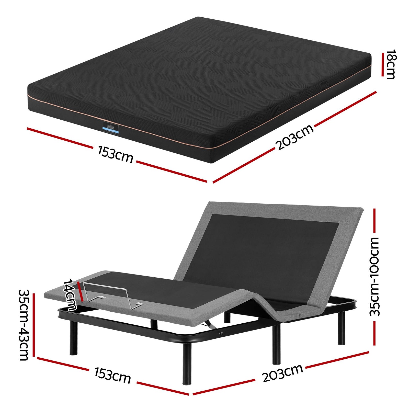 Artiss Queen size bed frame with Giselle Bedding Queen Mattress, adjustable bed Base Combo for Snoring Relief, Independent Head Foot Incline, Wireless Remote, Black,18cm Thickness