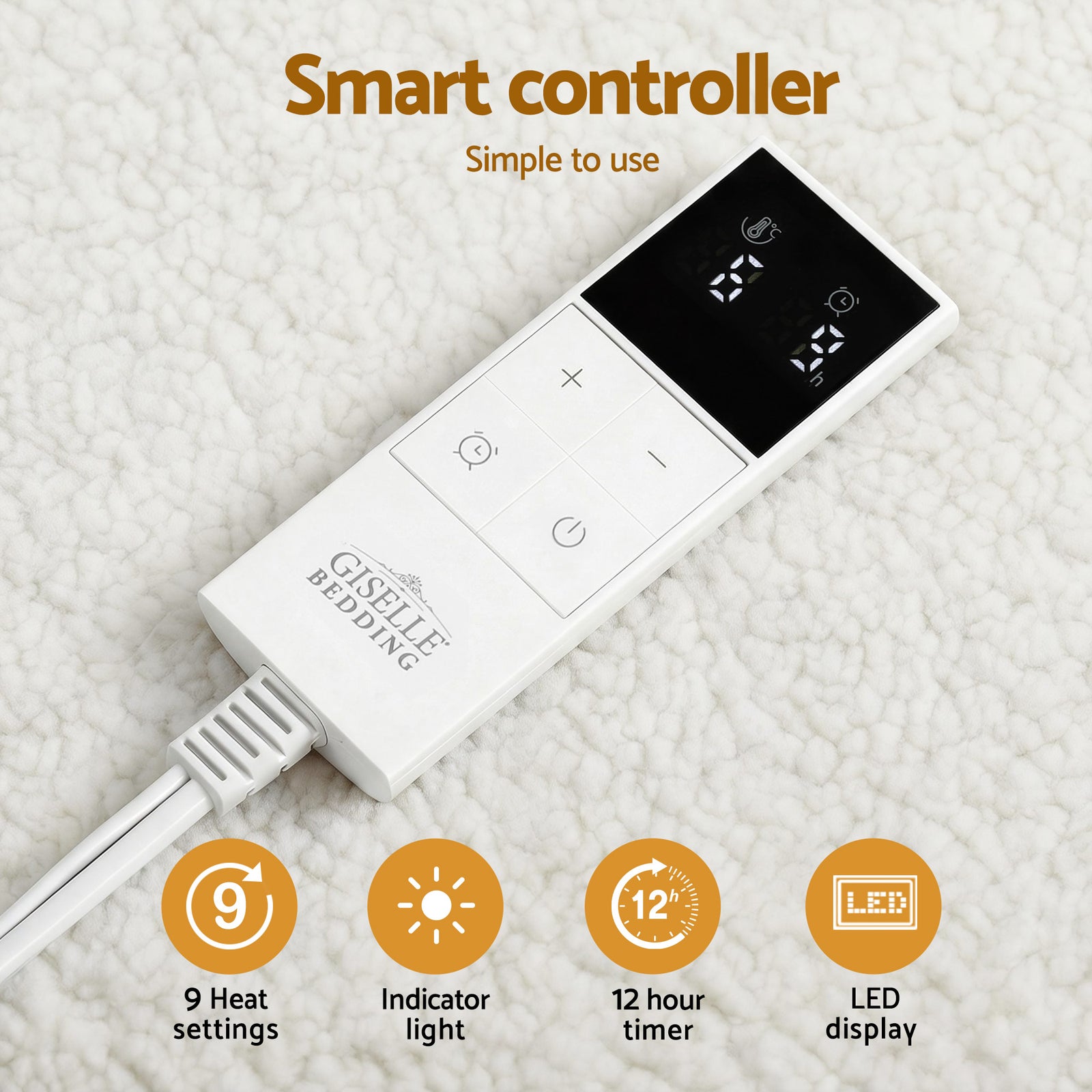 Giselle Electric Blanket LED Remote Sherpa Fleece Underlay Fully Fitted Machine Washable King Single