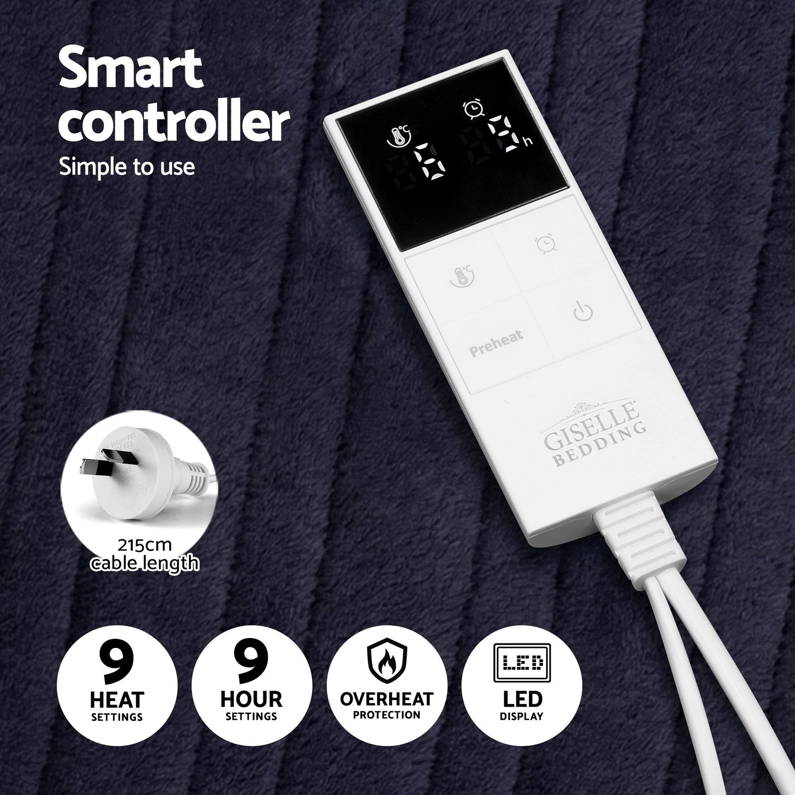 Giselle Electric Throw Rug Double Size 200x180cm Coral Fleece Heated Blanket Charcoal