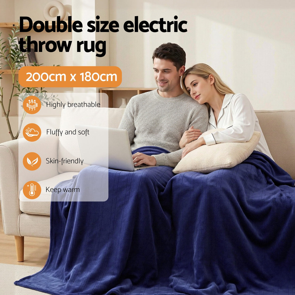 Giselle Electric Throw Rug Double Size 200x180cm Coral Fleece Heated Blanket Navy Blue