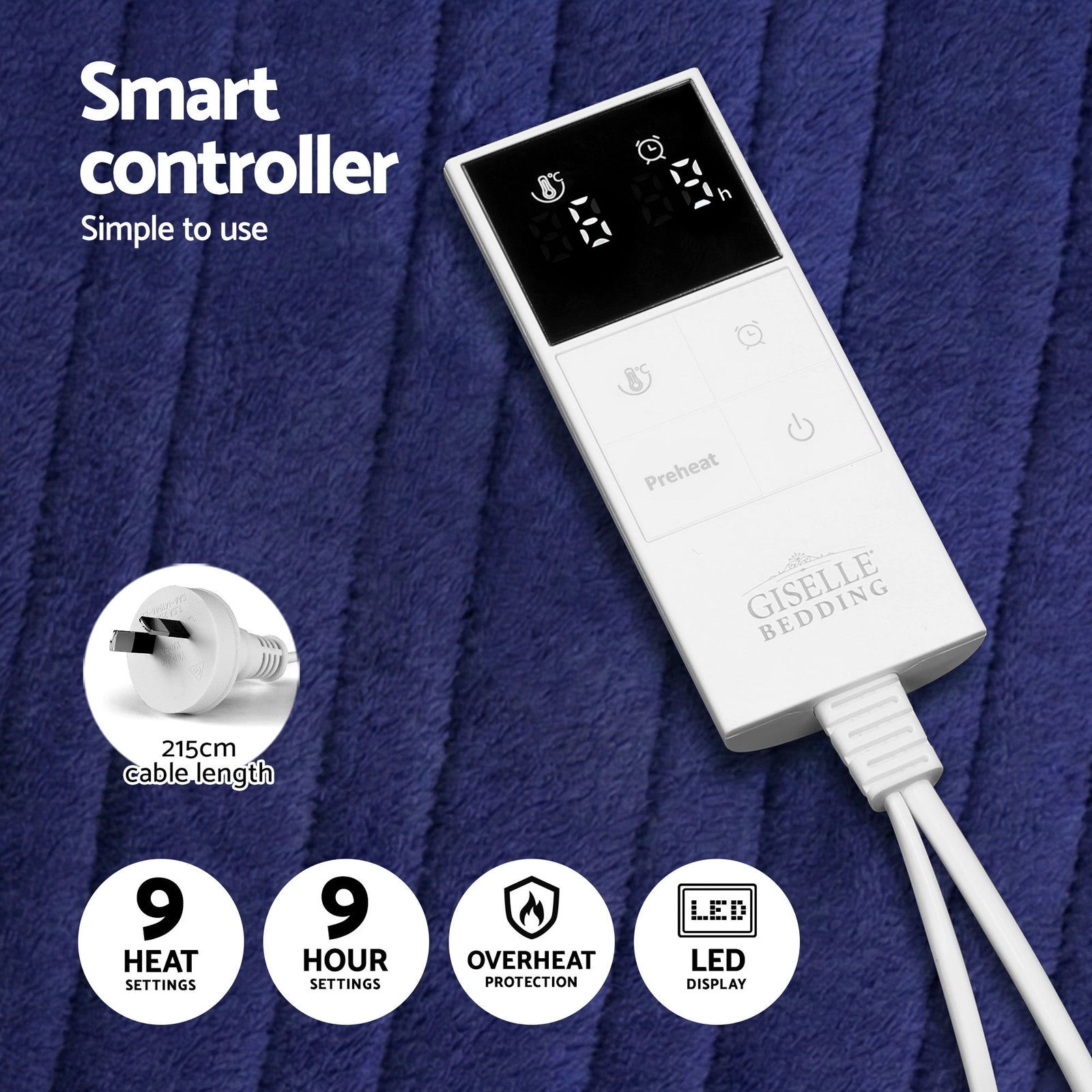 Giselle Electric Throw Rug Double Size 200x180cm Coral Fleece Heated Blanket Navy Blue