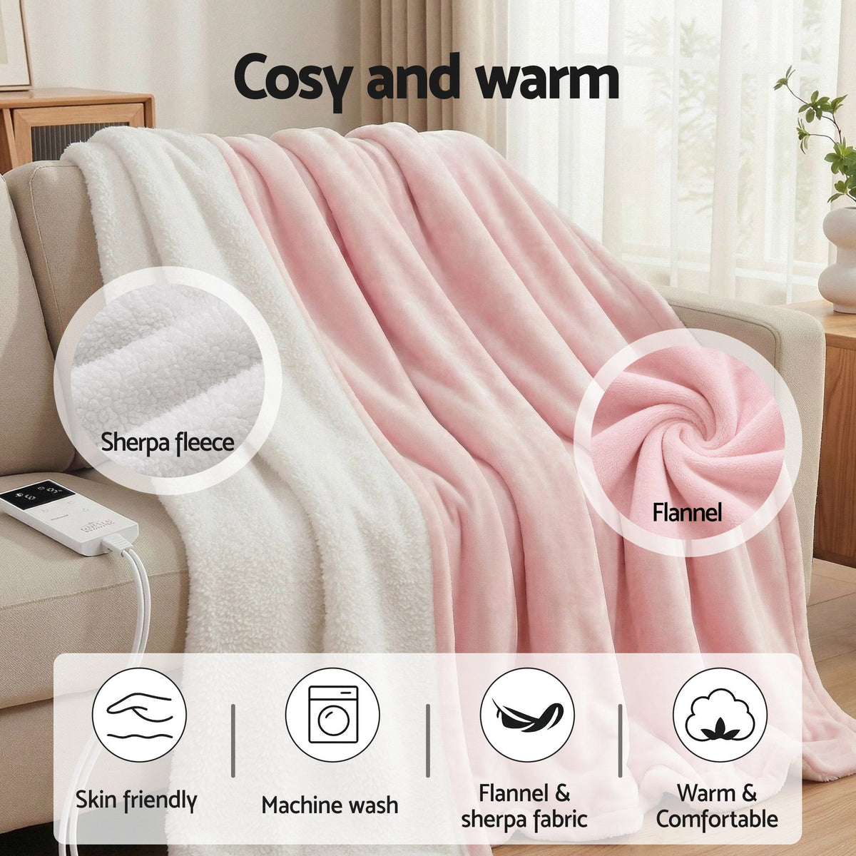 Giselle Electric Throw Rug Dual Side Fleece Flannel Heated Blanket Pink