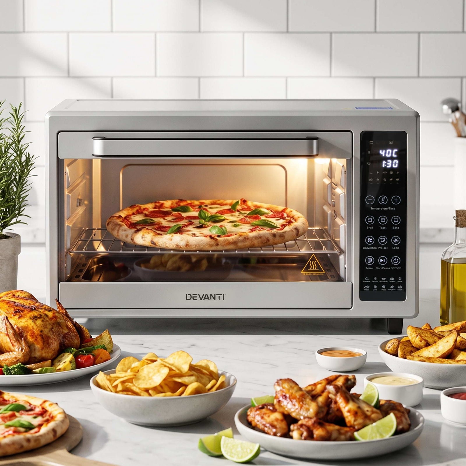 Devanti 48L Convection Oven Electric Fryer Bake Grill Ovens Benchtop 2000W Silver
