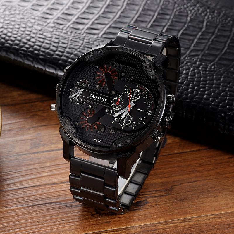 Men Dual Display Quartz Watch With Large Dial And Steel Band - Black Shell Orange Eye-1915196833660014592