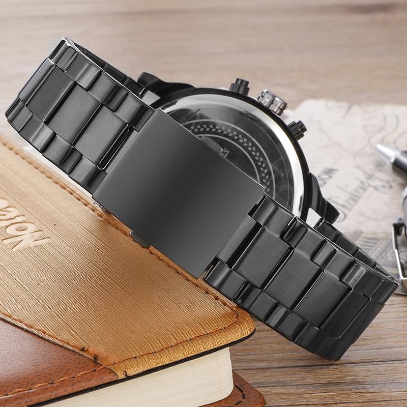 Men Dual Display Quartz Watch With Large Dial And Steel Band - Black Shell Orange Eye-1915196833660014594