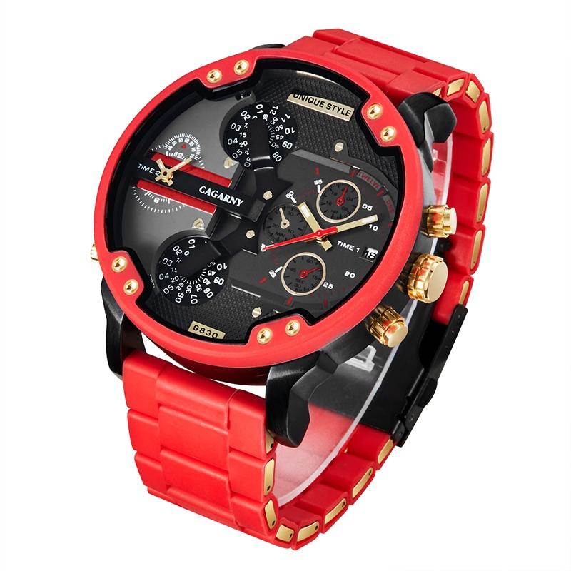 Men Red Rubberized Steel Band Watch With Dual Quartz Movement-1915196854803501057