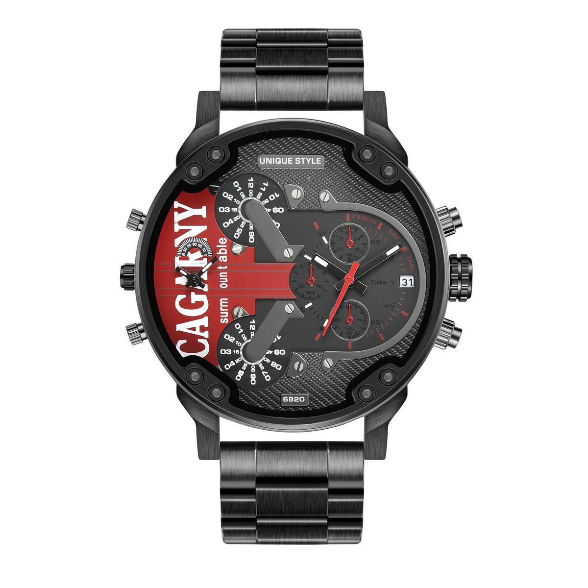 Men Dual Movement Steel Quartz Watch With Red Face And Black Strap-1915196886394998788