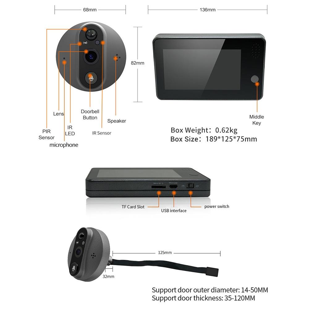 Smart Wifi Door Viewer With Wide-Angle Pir &amp; Night Vision - 1080P 4.3 Inch Dingdong Photo White-1915196882695622657