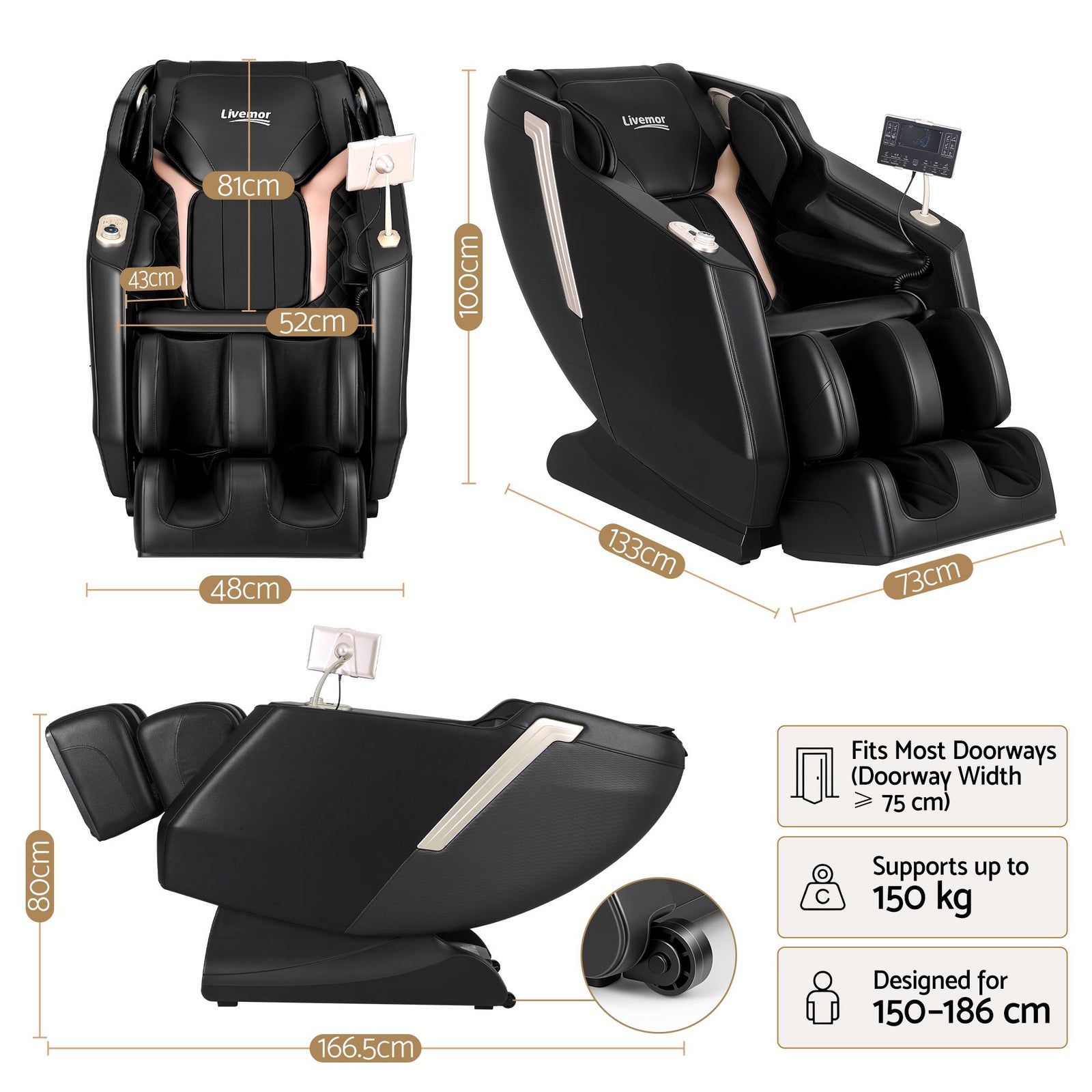 Livemor Flex Massage Chair Full Body with Heat Zero Gravity Recliner, 24 Airbags, Foot Massage, 6 Auto Programs, Voice Control, Bluetooth Speakers, Screen Control, Extendable Footrest