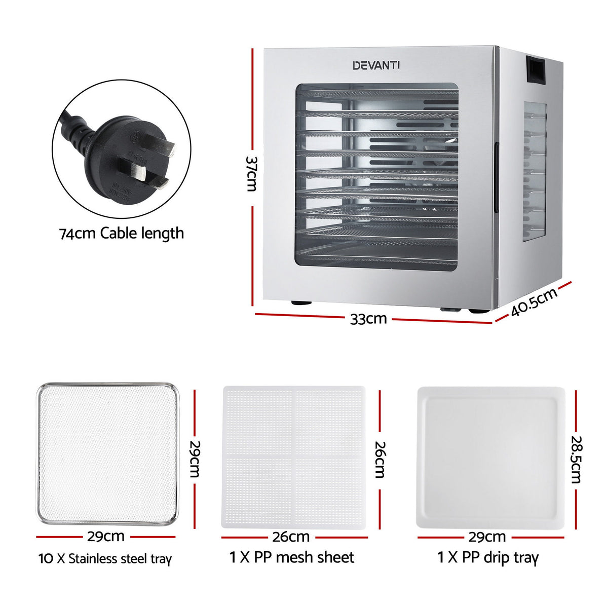 Devanti 10 Trays Food Dehydrator Stainless Steel Visible Glass Door 850W